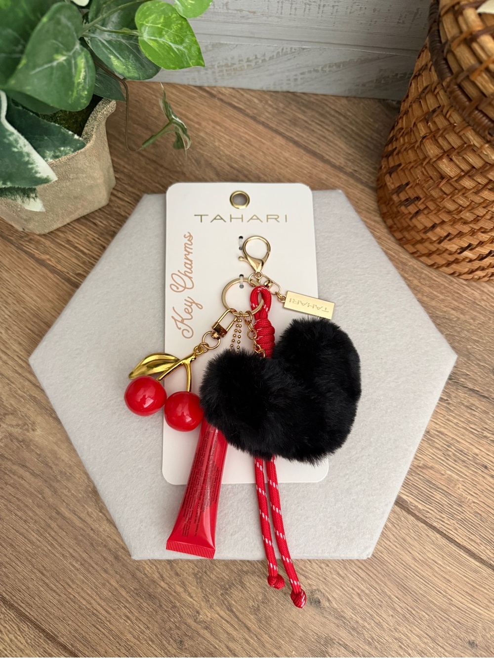 Tahari Black Heart Pom Red Cherry Charm & Lip Gloss Bag Charm Keychain - NWT